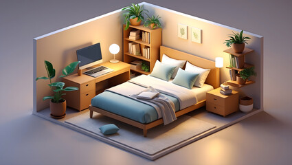 3d illustration of a stylish bedroom with a blend of natural elements and modern design
