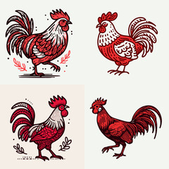 A Red junglefowl. Funny Happy Retro Cartoon Clipart Silhouette Line Art Vector Illustration. scarlet wild fowl details photo habitat behavior and breed information.