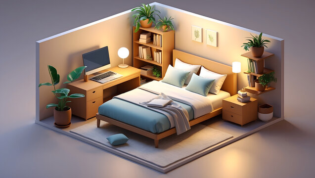 3d illustration of a stylish bedroom with a blend of natural elements and modern design
