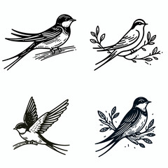 A Tree swallow. Funny Happy Retro Cartoon Clipart Silhouette Line Art Vector Illustration. Avian species identification little blue martin bird of wooded area or meadow.