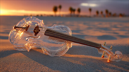 A transparent ice cello melts under a vibrant desert sunset, its strings sagging and water pooling, set against fiery skies and distant palms, blending fragile beauty with harsh nature.