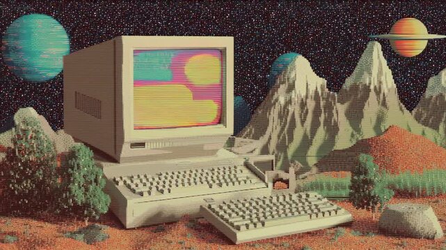 Retro Game Screen Effect with Pixel Dust and Abstract Landscape in Vintage Computer Setting