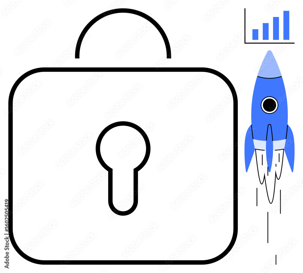 Poster lock symbol emphasizing security paired with a rocket launching for progress and growth, accompanied
