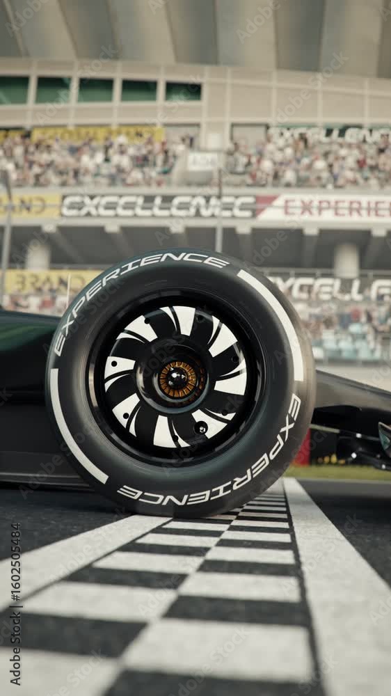 Poster close-up side view of a generic formula one race car driving across the finish line in slow motion. 