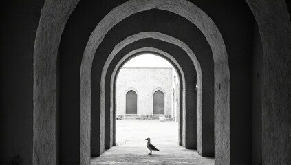 Fototapeta premium The lonely seagull under the stone arch