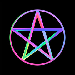 Bright multicolored star in circle, magic symbol isolated on black background