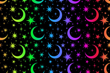 Bright rainbow stars and crescents on a black background. Seamless pattern
