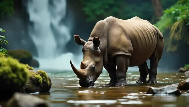 Javan rhinoceros drinking water from a jungle stream