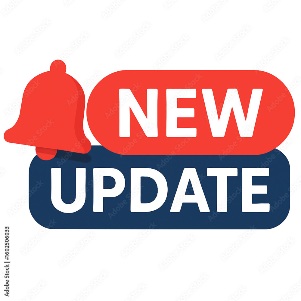 Poster red bell icon notifying a new update with a red and blue background on transparent background
