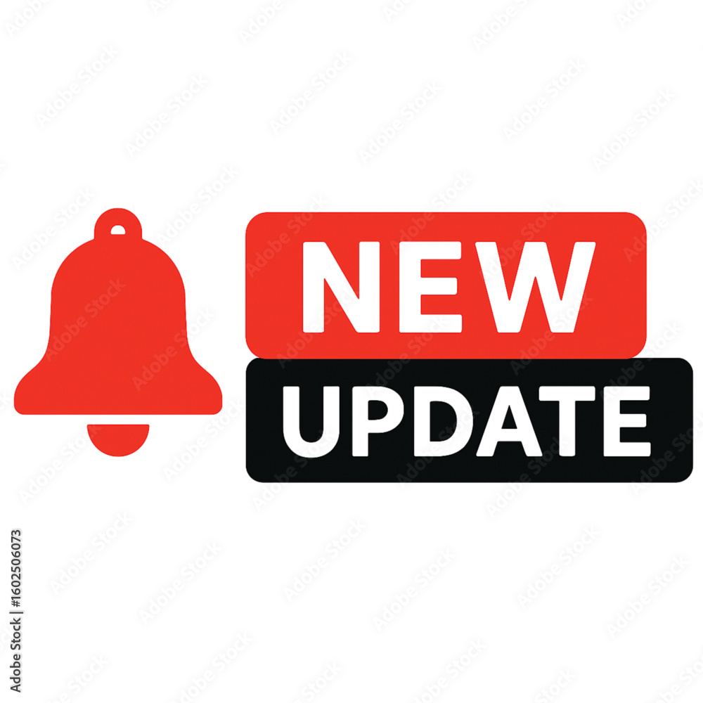 Poster red bell icon with new update notification in red and black boxes on transparent background