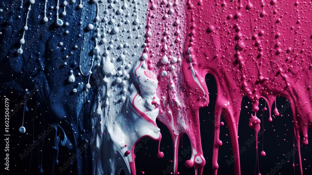 Poster dynamic ink splatter transition with dripping paint in motion on dark background