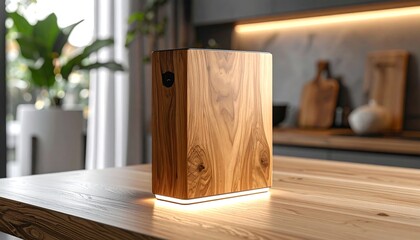 Wood Box on Table Glowing Warm Light in Interior Setting