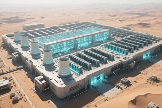 A colossal AI data center in a desert, stretching to the horizon, with glowing cooling towers and thousands of servers  - Powered by Adobe