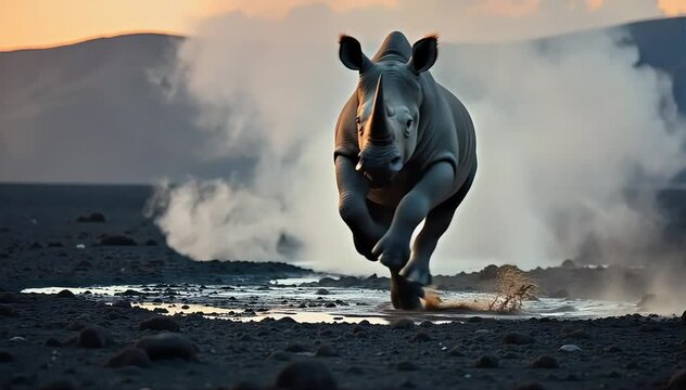 Javan rhinoceros jumping over a muddy patch
