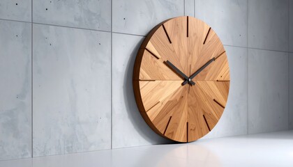 Wooden Clock Hanging on Concrete Wall Shows Time