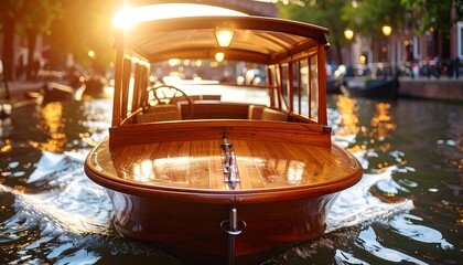 Wooden Canal Boat Cruising Waterway at Sunset