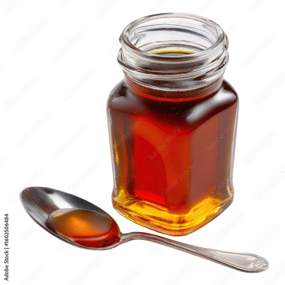 Poster maple syrup in jar with spoon on transparent background