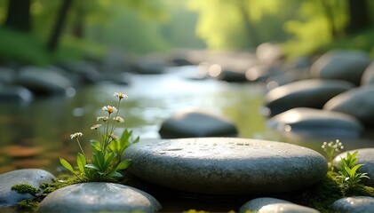 Flat river stone with moss and glistening droplets by flowing stream; great for clean, natural product mockups and eco branding.