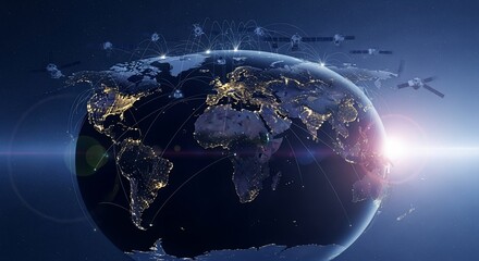 Obraz premium Global connectivity: Satellites network over Earth's illuminated cities at night