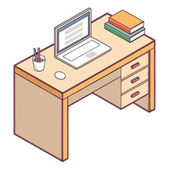 Isometric illustration of a light brown desk with a laptop books and pens office workspace