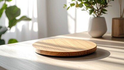 Wooden Plate Display on Table with Plant and Light