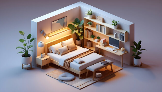 3d illustration of a serene bedroom interior with soft lighting and a minimalist design