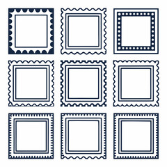 Nine square frames with decorative borders in navy blue on white vector