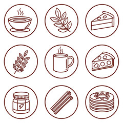 Set of nine hand drawn food and nature icons in brown outline drink