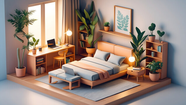 3d illustration of an isometric view of a stylish bedroom with a workspace and plenty of plants