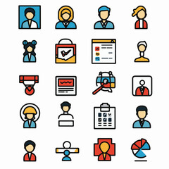 A colorful human resources icon collection set for business management, employee recruitment, and corporate team organization.