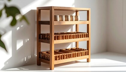 Wooden Shelf with Racks and Vases in Sunlight