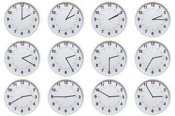 Set of white analog wall clocks showing each hour from 02:00 to 02:55 or 14:00 to 14:55, on white background. Ideal for concepts of time, scheduling.