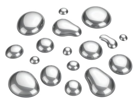 Silver drops liquid metal chrome glossy background on transparent background