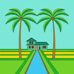 Two palm trees flank a simple house with a canal in a flat graphic style tropical water