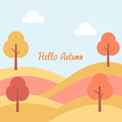 Whimsical Autumn Landscape with Trees and Clouds Hello Autumn Text fall nature