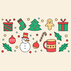Whimsical Christmas illustration featuring gifts snowman tree stocking and ornaments holiday winter