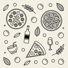 Whimsical hand drawn illustration featuring pizza pasta drink and wine spaghetti wine bottle