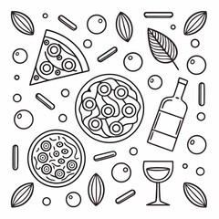 Whimsical hand drawn illustration featuring pizza wine glass bottle and leaves food