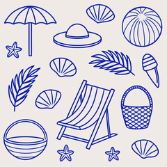 Whimsical blue line drawing of beach vacation items on a light background summer travel