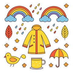 Whimsical hand drawn illustration of autumn rain and cheerful elements rainbow clouds
