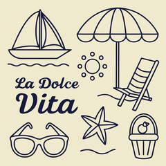 Whimsical hand drawn illustration of beach vacation elements and La Dolce Vita text summer travel