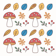 Whimsical illustration of red mushrooms and autumn leaves on white mushroom fall
