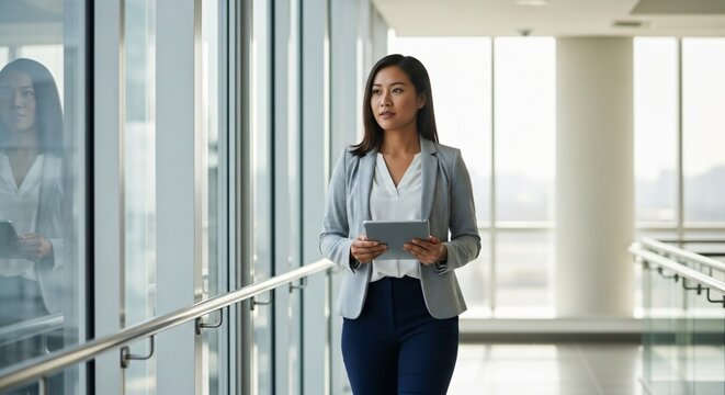 Confident businesswoman with tablet confidently walks through modern office hallway, seeking new opportunities.