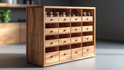 Wooden Storage Cabinet with Drawers and Glass Jars in Natural Light