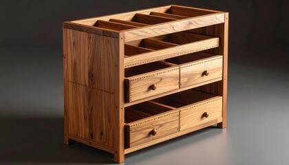 Wooden Storage Cabinet with Drawers on Gray Background