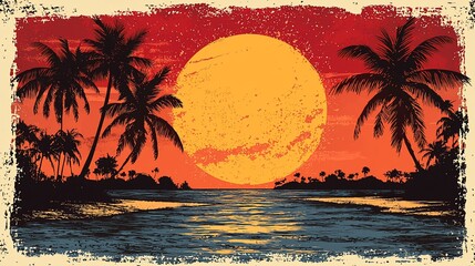 Vintage Tropical Sunset Scene