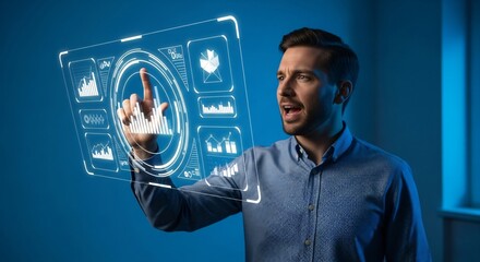Dynamic businessman interacting with futuristic holographic data interface displaying financial charts and analytic for business growth