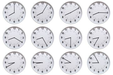Set of white analog wall clocks showing each hour from 08:00 to 08:55 or 20:00 to 20:55, on white...