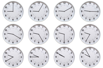 Set of white analog wall clocks showing each hour from 09:00 to 09:55 or 21:00 to 21:55, on white...