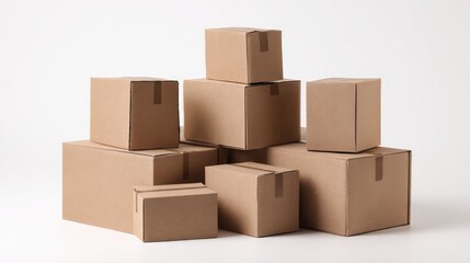 Fototapeta premium Artistic pyramid of delivery boxes on a wooden table, evoking the convenience of online shopping.